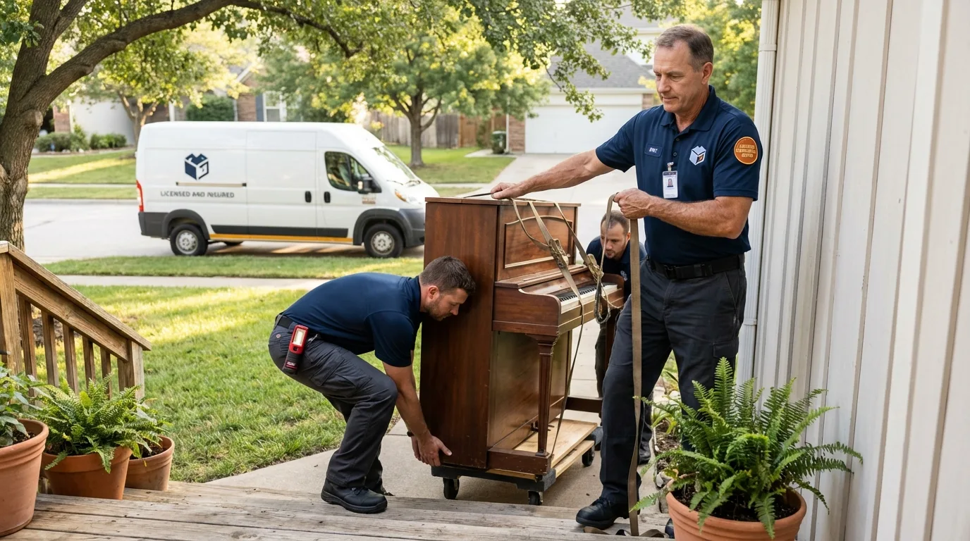 Licensed piano movers securing grand piano in Sainte Genevieve, MO