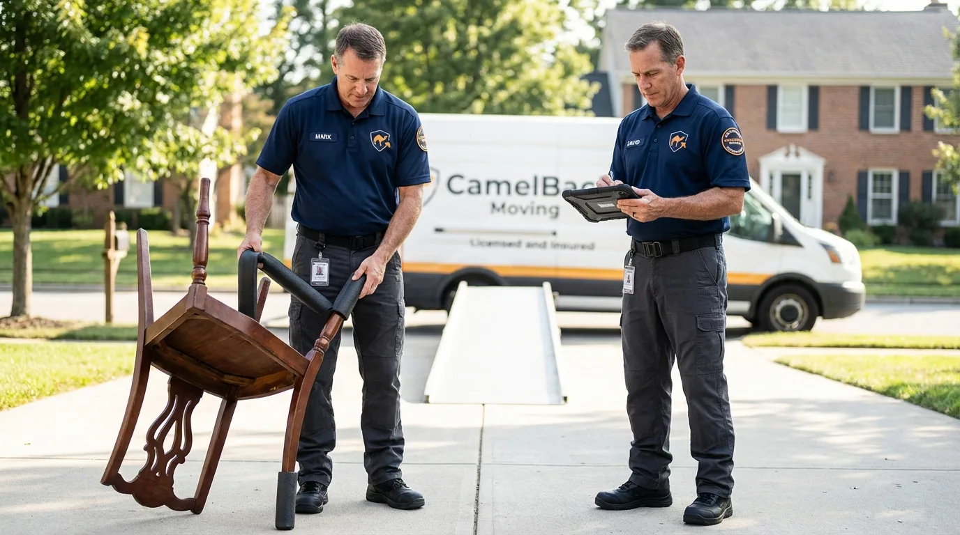 Movers inspecting furniture for damage prevention before loading in Sainte Genevieve, MO