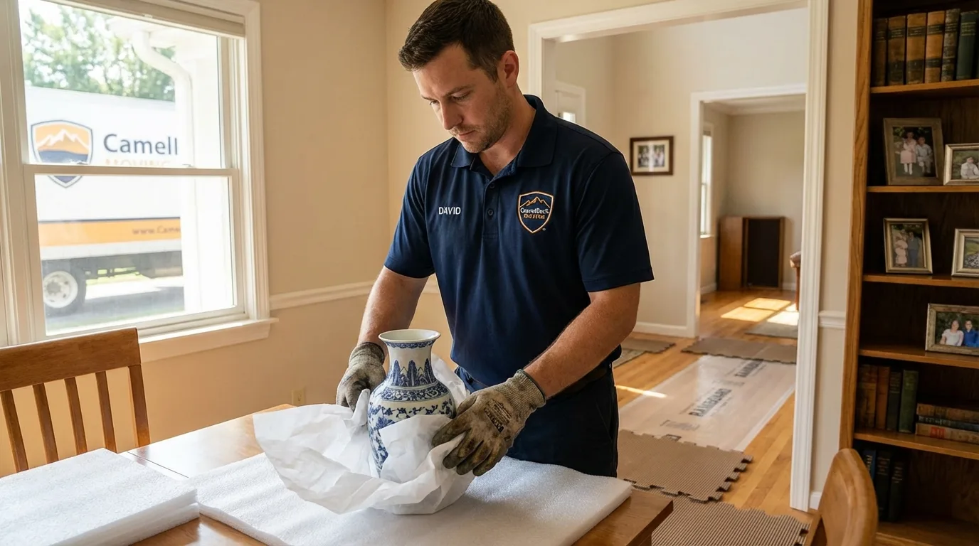 Professional crew carefully wrapping antique vase for senior downsizing move in Sainte Genevieve, MO